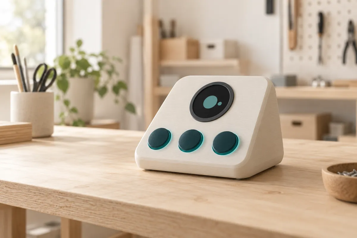 Dispositivo de mostrador con tres botones iluminados y una pequeña pantalla redonda