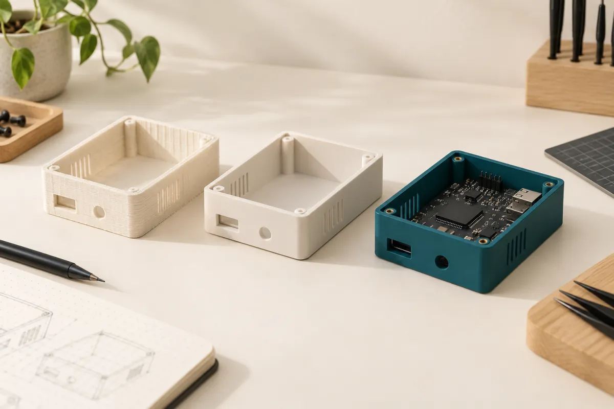 Tres iteraciones de una carcasa impresa en 3D, la última con la placa electrónica montada