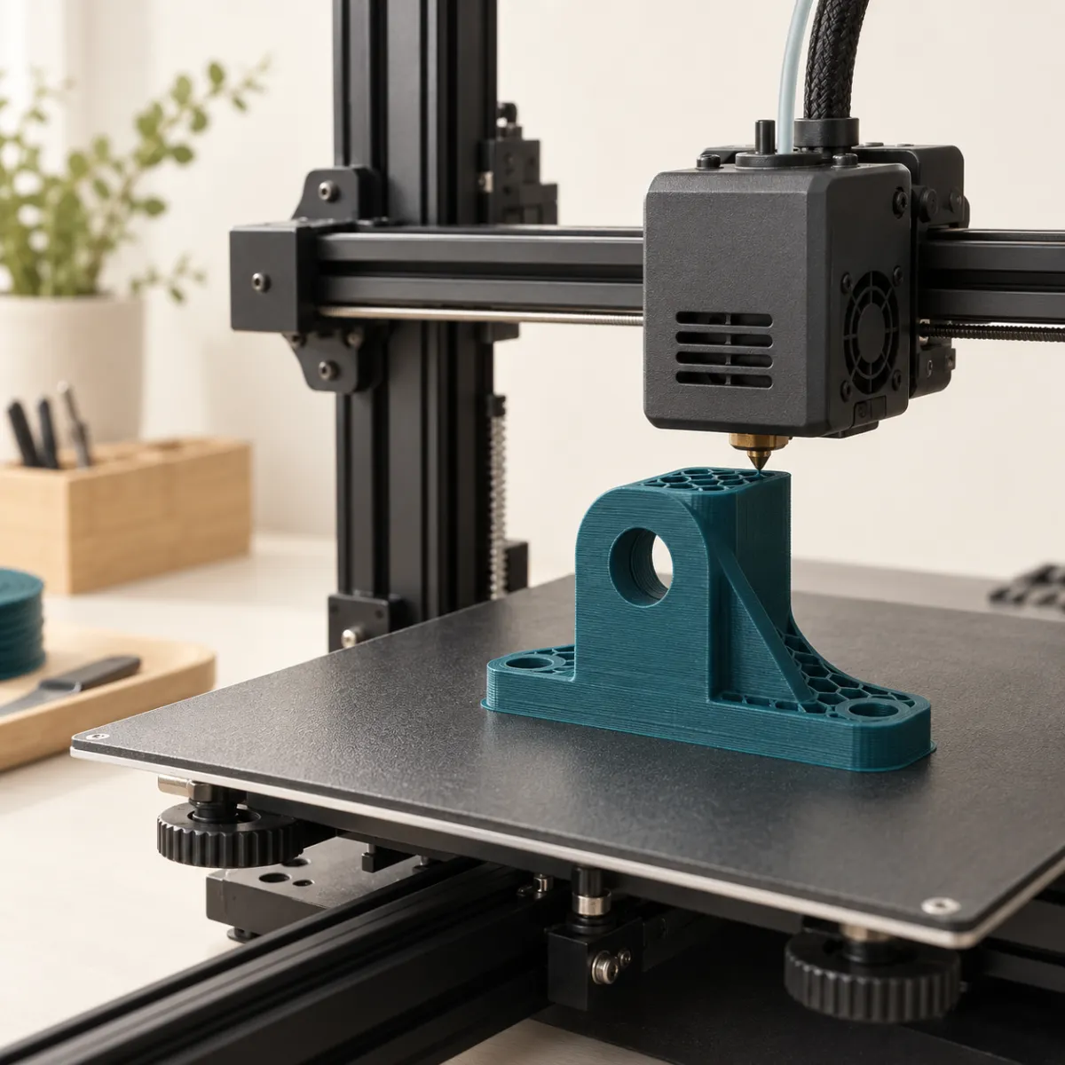 Impresora 3D fabricando capa a capa una pieza mecánica funcional