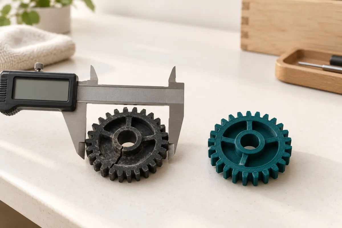 Engranaje antiguo y agrietado junto a su recambio impreso en 3D y un calibre midiendo el original