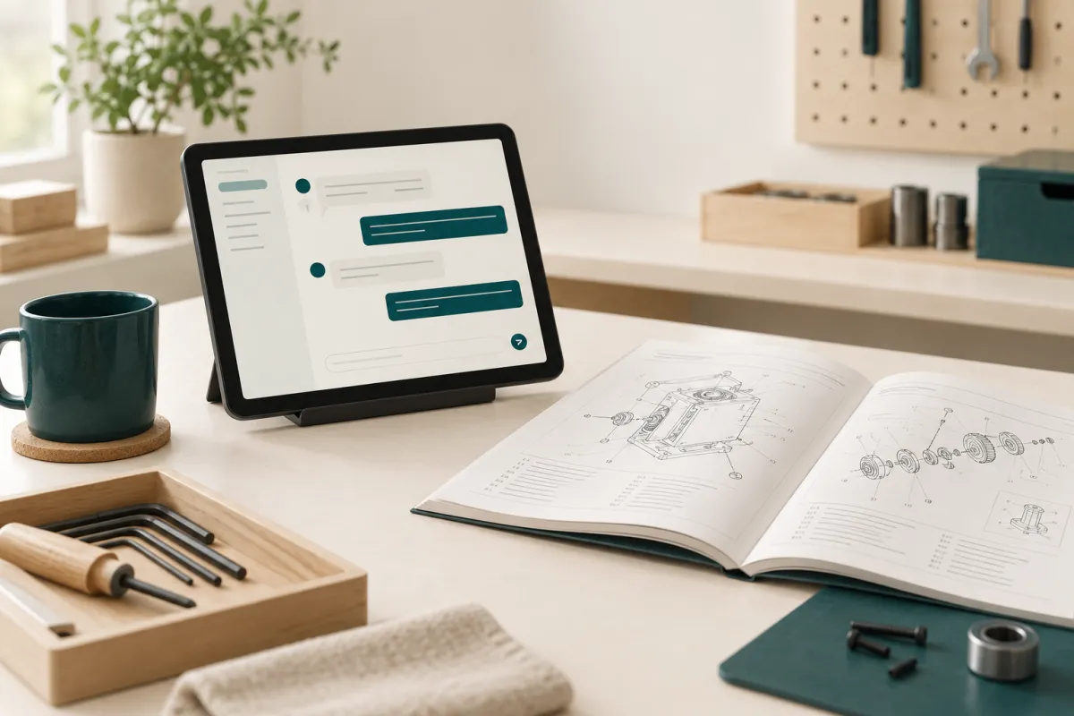 Tableta con una conversación con un asistente junto a un manual técnico abierto