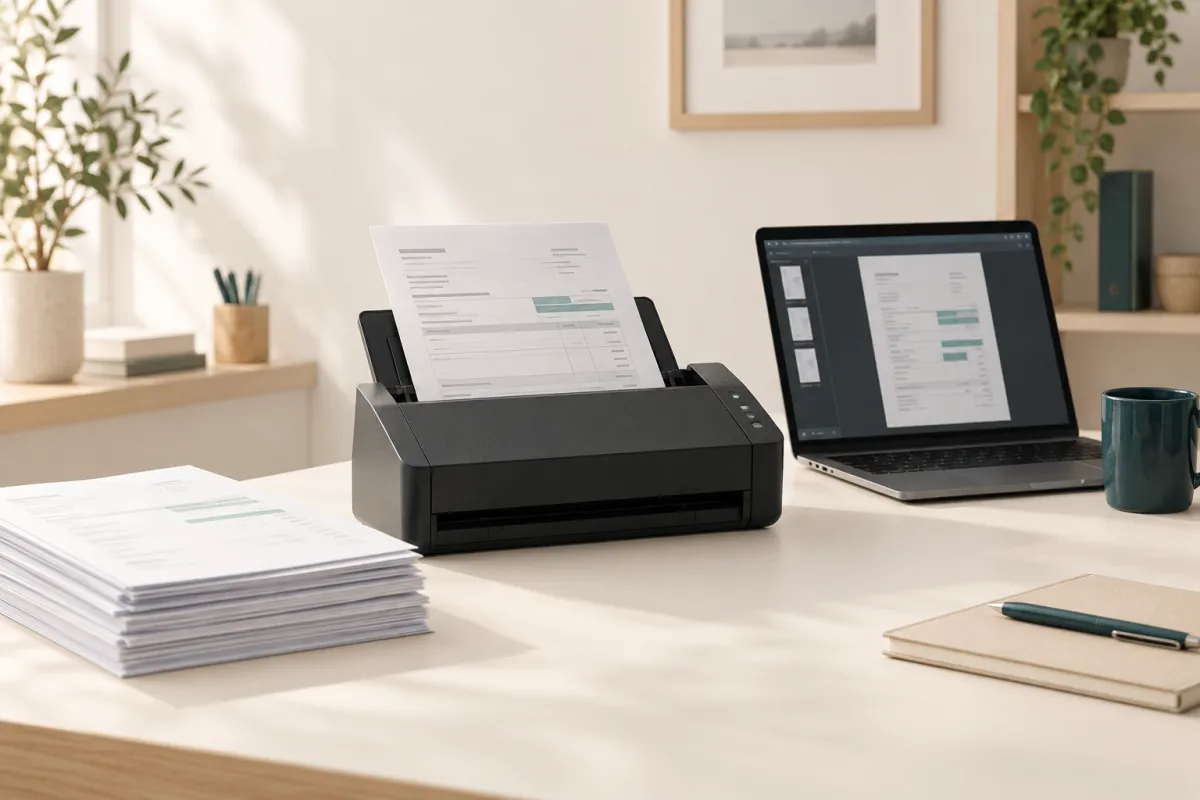 Escáner digitalizando albaranes mientras un portátil resalta los datos extraídos del documento