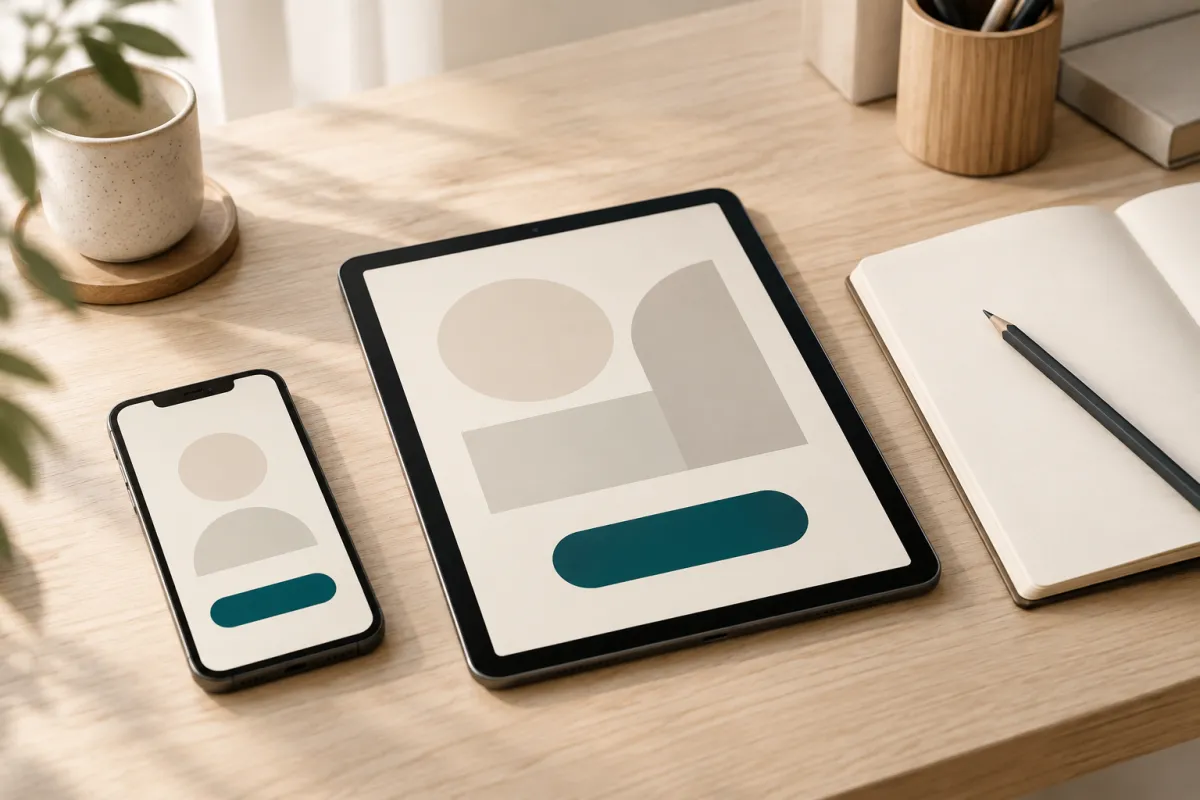 Móvil y tablet sobre una mesa con la maqueta de un anuncio junto a un cuaderno