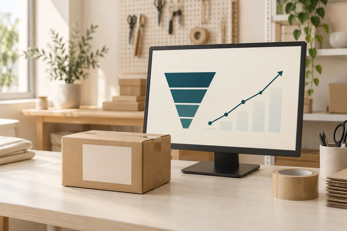 Pantalla con gráficas de conversión junto a una caja de envío y una etiqueta sobre un mostrador