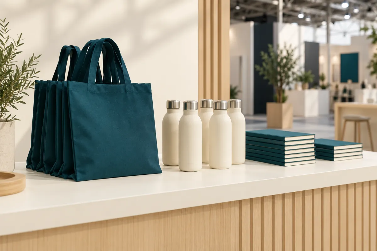 Mostrador de un stand de feria con bolsas de tela, botellas y cuadernos