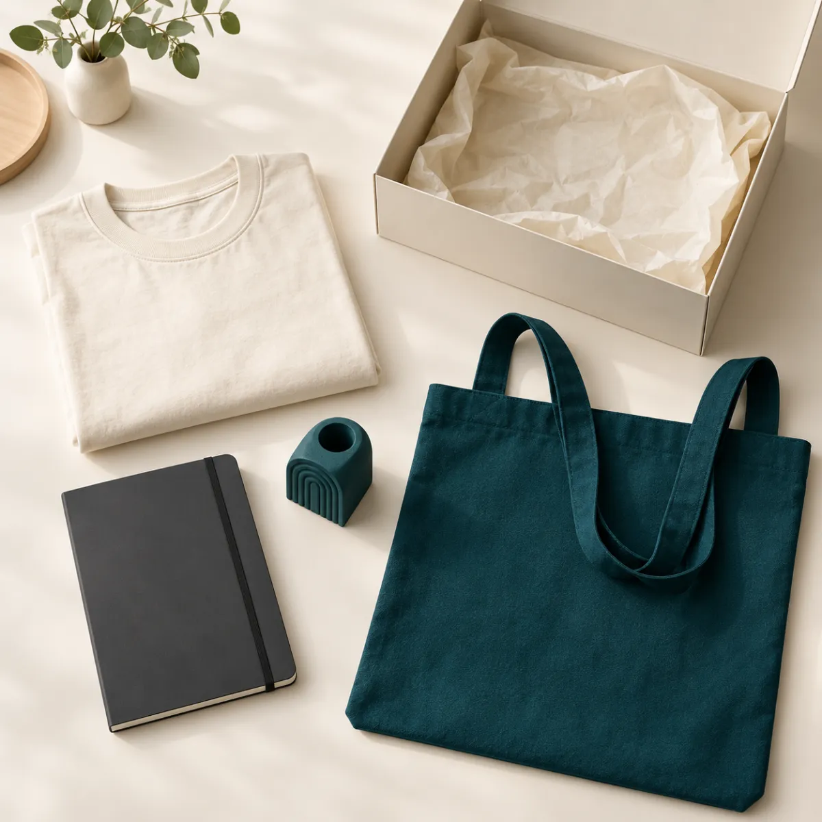 Kit de marca con camiseta, bolsa de tela, cuaderno, caja y una pieza impresa en 3D