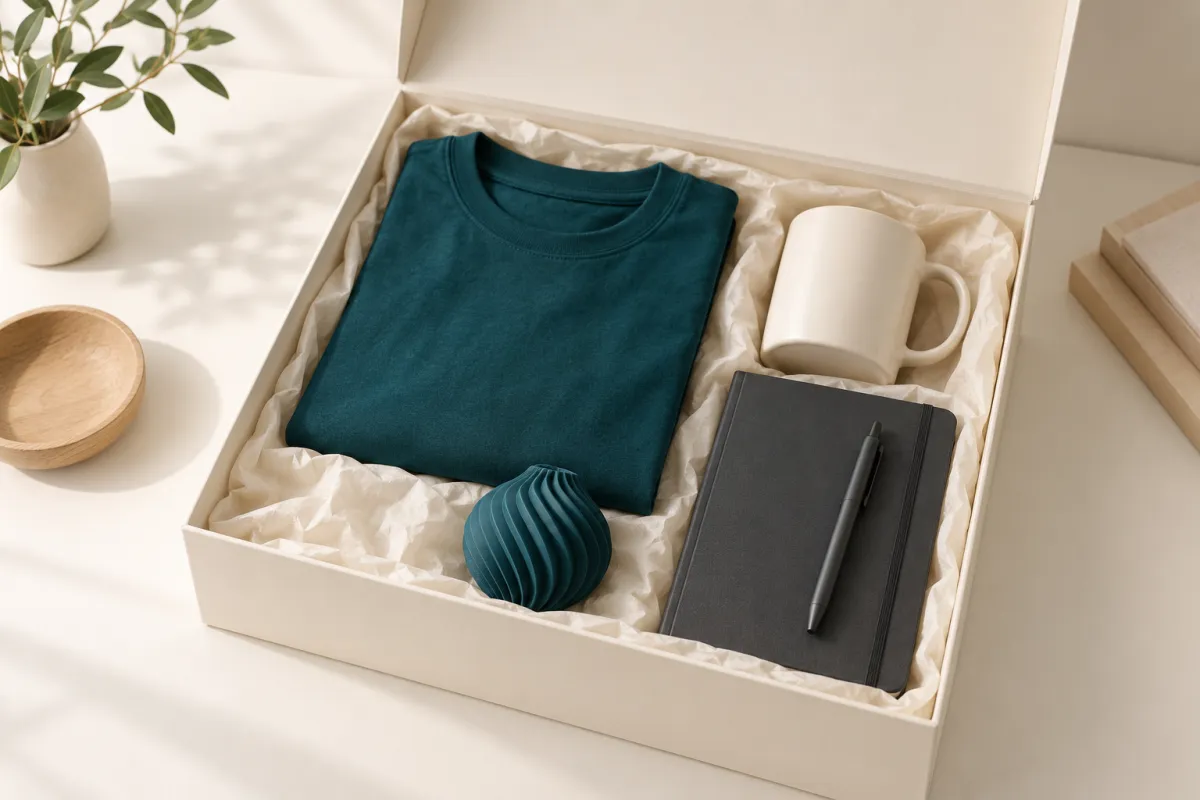 Caja de bienvenida abierta con camiseta, taza, cuaderno y una pieza impresa en 3D