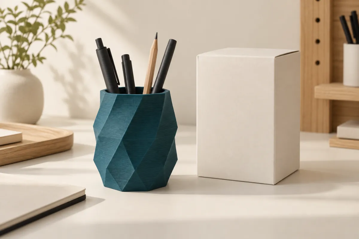 Portalápices de diseño impreso en 3D junto a su caja