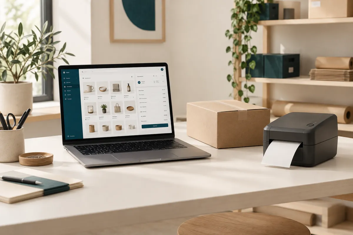 Portátil con el panel de una tienda online junto a una caja de envío y una impresora de etiquetas